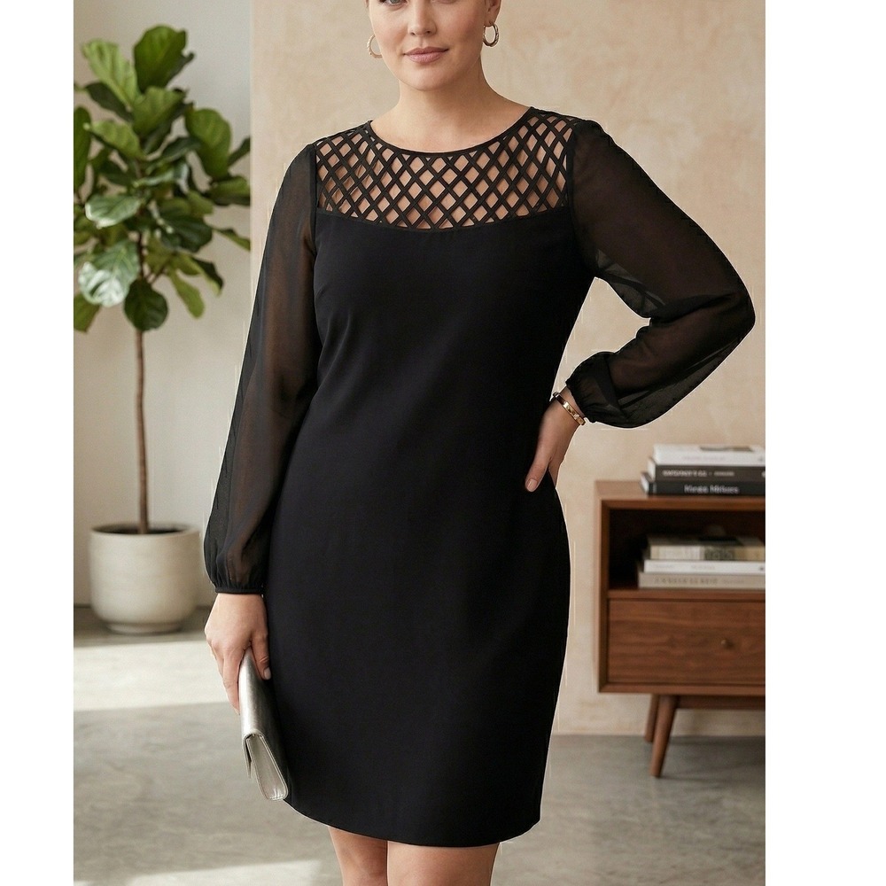 White House Black Market Black Lattice Neck Balloon Sleeve Shift Dress Size 12
